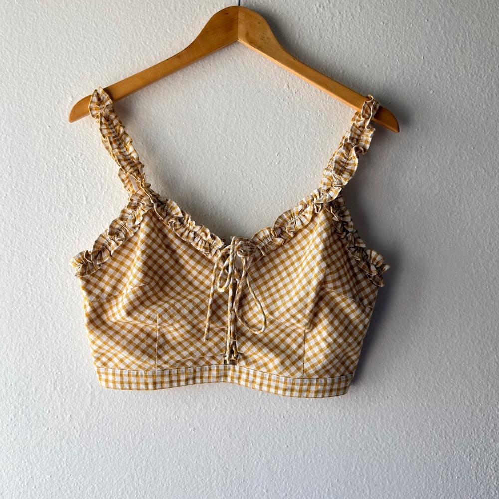 Lost + Wander Yellow Gingham Ruffle Tie-Front Camisole